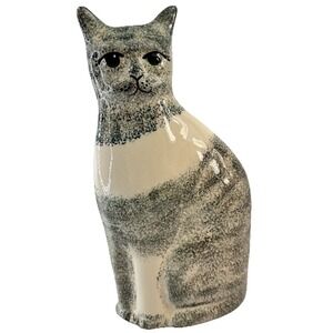 Vintage 10.5" Hand Painted Stoneware Gray Grey Ceramic Cat Folk Art Gnome Hollow